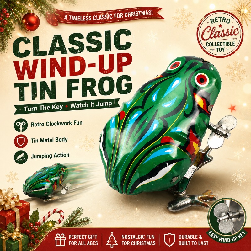 Vintage Collectibles Toys - Vintage Wind‑Up Tin Jumping Frog Clockwork